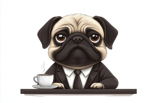 Serious pug in business suit at desk