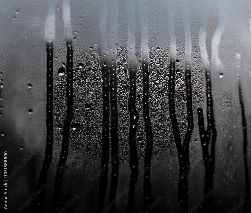Aufkleber condensation streaks and droplets form on a cool window pane, blurring the view of the outside.
