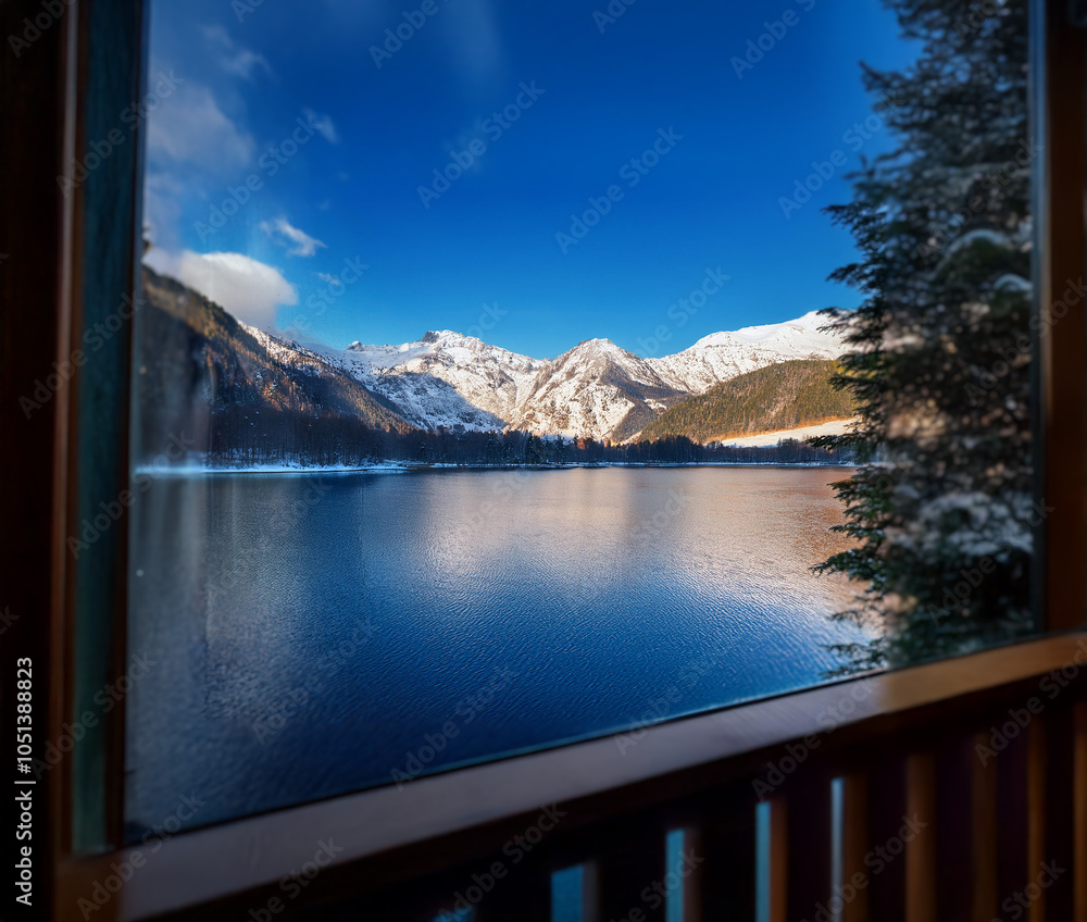 Poster a picturesque view of a snow-capped mountain range reflected in a still lake, seen through a window.