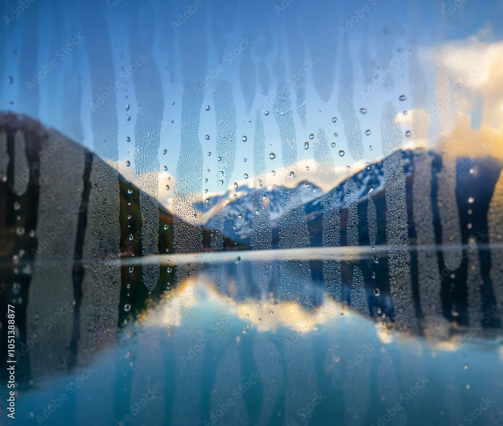 Poster A view of a mountain range reflected in a body of water, seen through a window covered in condensation.