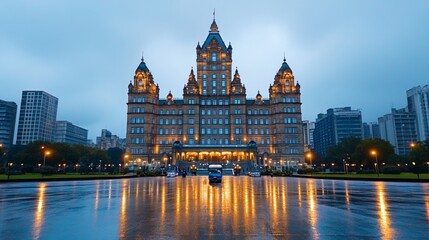 Obraz premium Illuminated Historic Building in Cityscape with Reflections in Wet Pavement