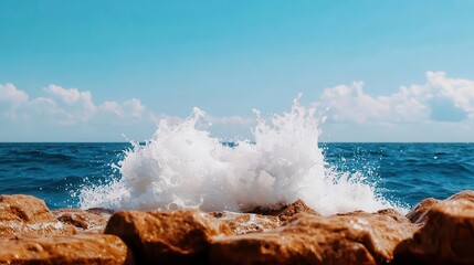 Fototapeta premium Waves crashing on rocky shore, water splashing in multiple directions, ocean motion, dramatic splash