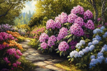 Obraz premium Full rhododendron bush with garden path