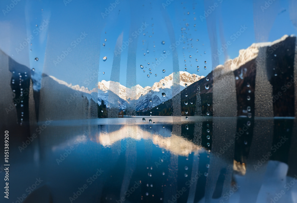 Poster A view of snow-capped mountains reflected in a still lake, seen through a window with water droplets.