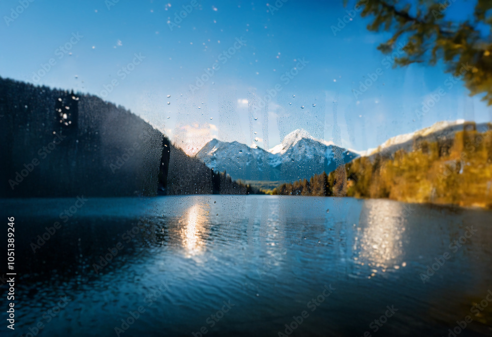 Poster A picturesque view of a mountain lake with snow-capped peaks reflecting on the water. The scene is framed by a leafy branch and raindrops on the glass.