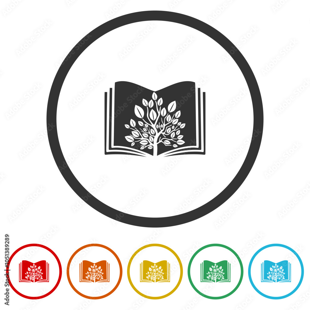 Poster book with tree logo design. set icons in color circle buttons