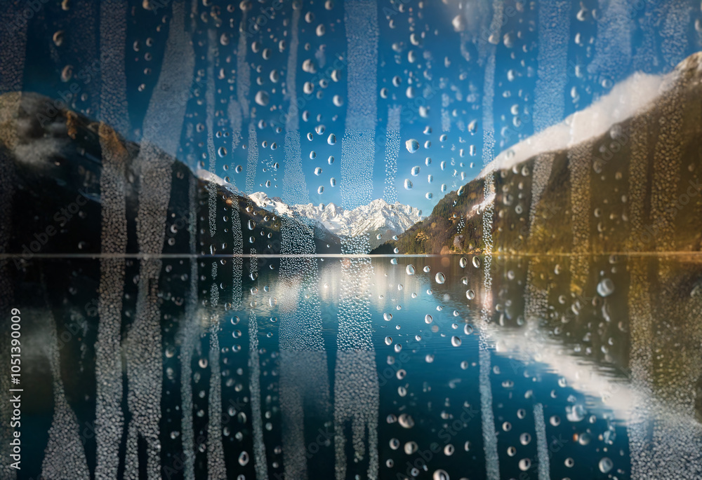 Aufkleber a view of a mountain lake through a condensation-covered window.
