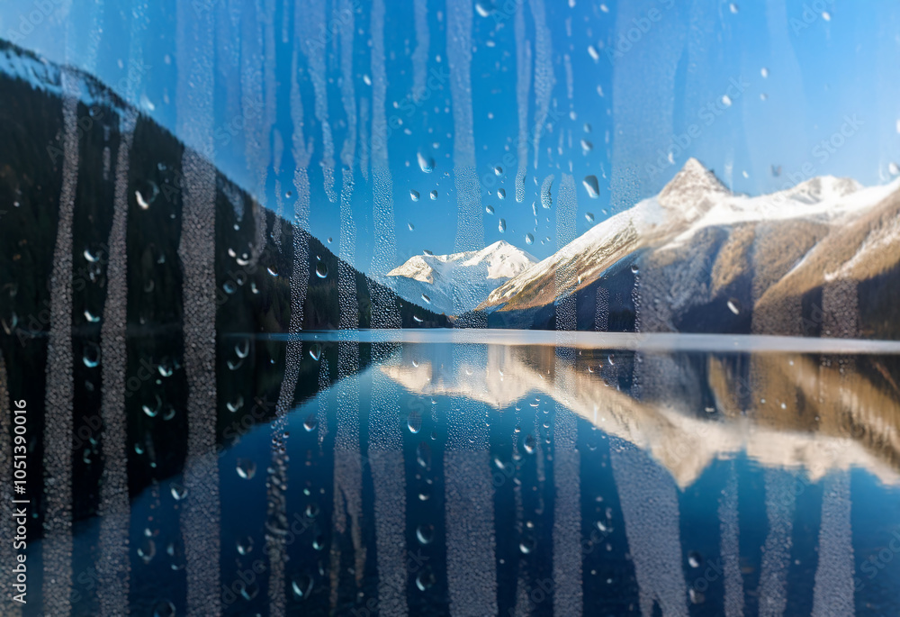 Poster A view of snow-capped mountains reflected in a still lake seen through a rain-streaked window.