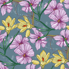 Seamless Pattern with cosmea flower and crocus. Color sketch style hand drawn background. Detailed illustration, hand drawn. Great for fabric and textile, prints, invitation, packaging