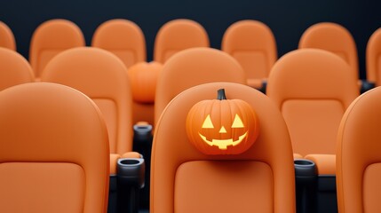Fototapeta premium A Halloween-themed cinema setting featuring an orange pumpkin on a movie theater seat, surrounded by vibrant orange chairs.