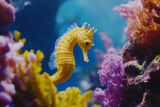 Cute seahorses in colorful underwater corals - Powered by Adobe