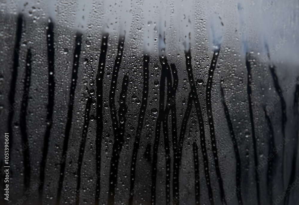 Aufkleber raindrops gather on a window pane, obscuring the view beyond with a misty film.