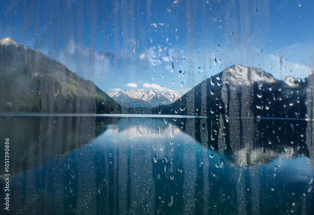Poster A view of a lake and mountains through a rain-streaked window. The mountains are partially covered in snow.
