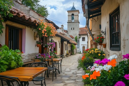 Charming street cafe with flower decorations