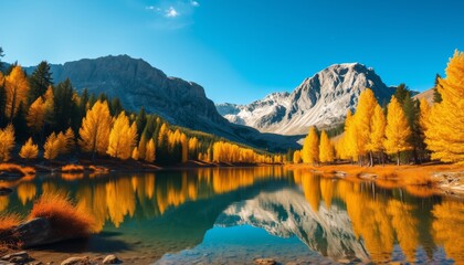 Fototapeta premium Mountain Lake Reflection with Autumnal Trees