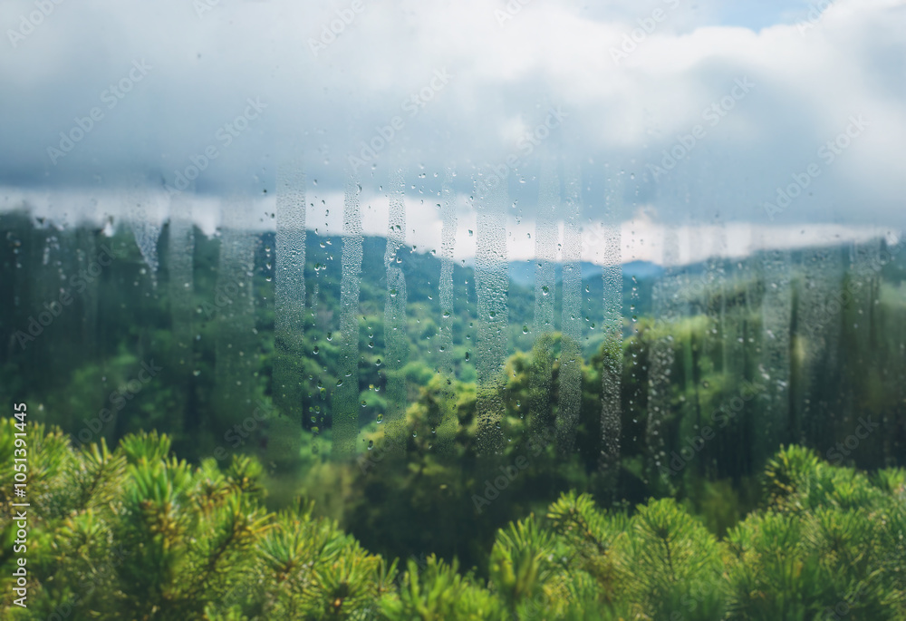 Poster A view of a lush green forest through a window covered in raindrops.