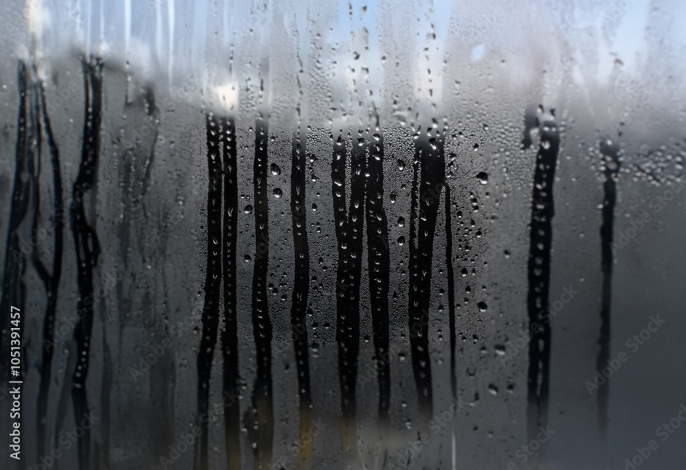 Aufkleber condensation has formed on a window pane, obscuring the view outside.