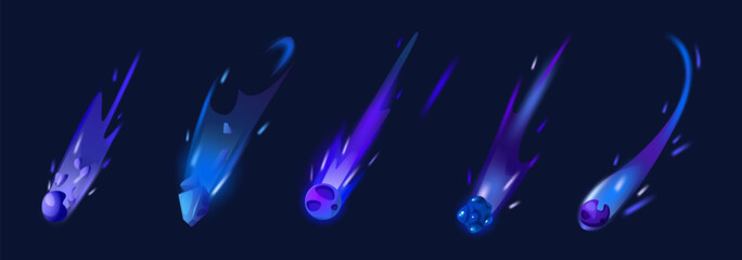 Blue asteroid with fire. Space meteor trail in sky vector. Meteorite stone fall with flare glow tail effect for cosmic shower. Rock planet speed flying illustration with sparkle neon flash light © klyaksun