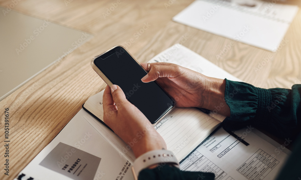 Poster hands, notebook and phone with business person at table in boardroom of office for meeting or planni