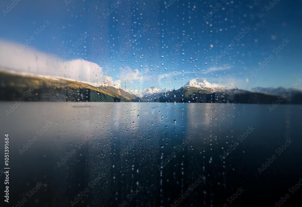 Poster A blurry view of snow-capped mountains reflected in a calm lake, with raindrops on a window pane in the foreground.