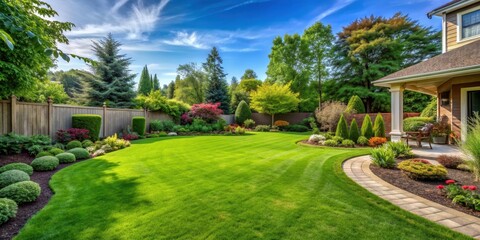 Fototapeta premium Beautiful backyard with perfectly trimmed lawn surrounded by lush greenery , garden, private, house, yard, grass
