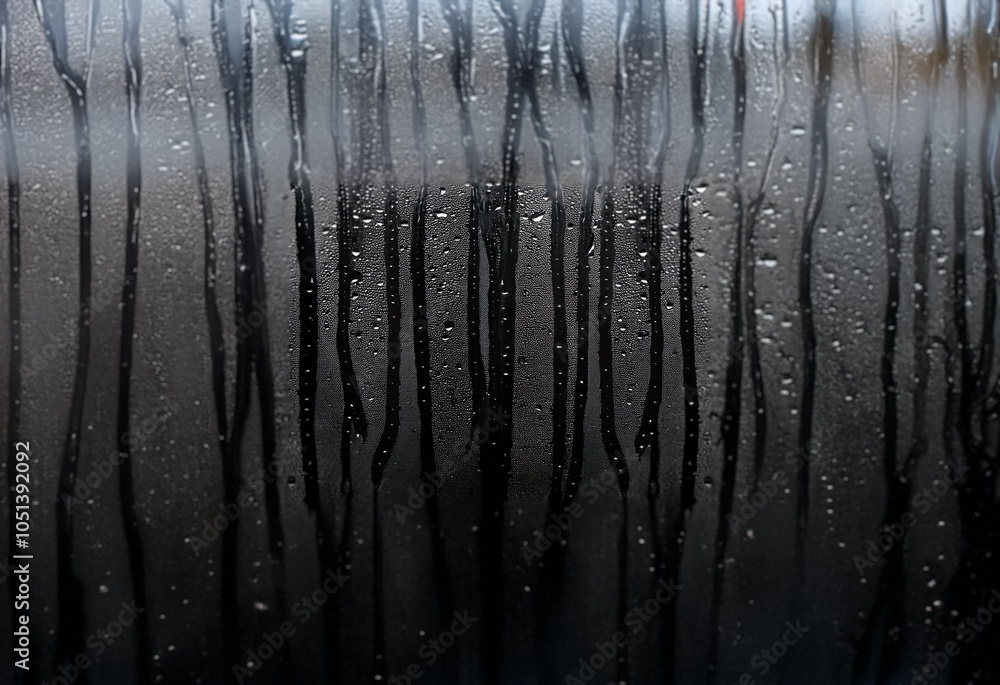 Aufkleber Raindrops on a windowpane, creating streaks and a blurry view of the outside world.