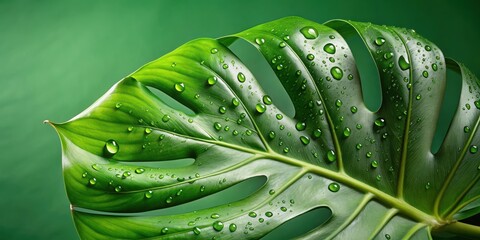 Fototapeta premium Green leaves pattern,leaf monstera with water drop isolated, monstera, tropical, foliage, green, leaves, plant, nature