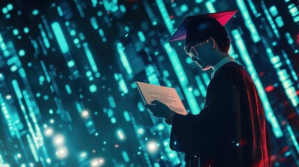 Graduate reading document with futuristic data screen