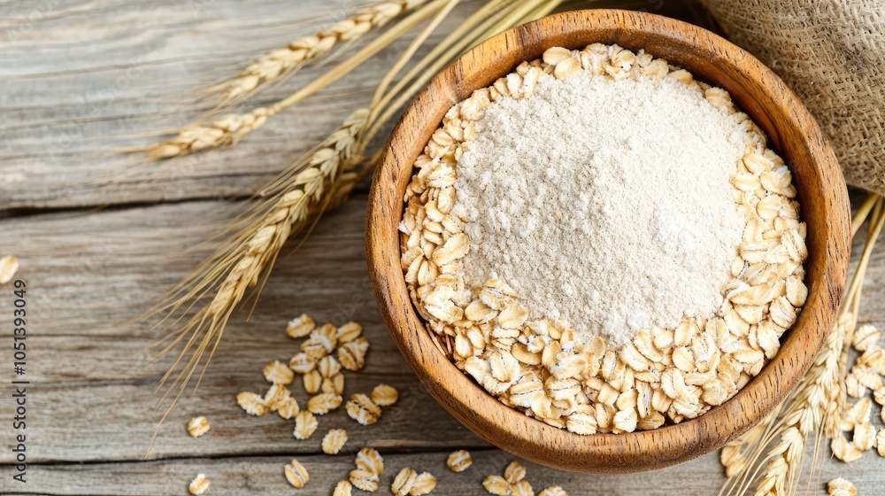 Wall mural Bowl of flour and oats on rustic wooden surface with wheat stalks.