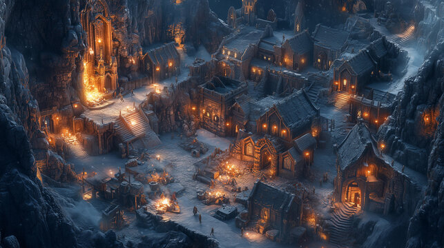 Village de nains fantasy dans une grotte remplie de pierres pr&eacute;cieuses et de forges lumineuses