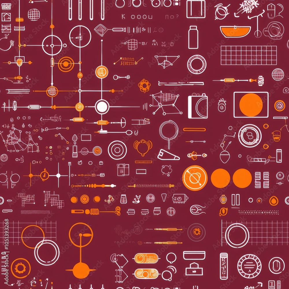 Poster seamless pattern with abstract geometric shapes and icons on a dark red background.