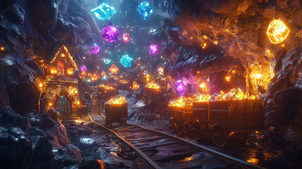 Obraz premium Village de nains fantasy dans une grotte remplie de pierres précieuses et de forges lumineuses