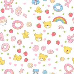 Seamless pattern with cute cartoon bears, donuts, strawberries and hearts.
