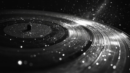Obraz premium music background, vinyl record spins gracefully, surrounded by cosmic display of sparkling particles, creating mesmerizing visual effect that evokes sense of nostalgia and wonder