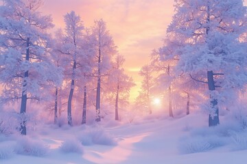 Fototapeta premium Winter sunset in a snow-covered forest