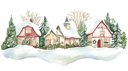 Christmas snow globe, whimsical town with twinkling lights, isolated on white background, watercolor style