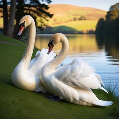 Fototapeta premium Discover the serene beauty of nature with this captivating image of two swans resting peacefully on the grassy shore of a tranquil lake. Their heads nestled into their wings, the swans exude an aura