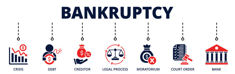 Bankruptcy banner web icon for business with crisis, debt, creditor, legal process, moratorium, court order, bank