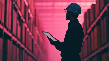 Warehouse worker using tablet in pink-lit storage aisle