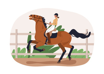 Disobedient bolting horse rearing. Bad equine behavior, problem. Female rider and runaway stallion. Equestrian riding uncontrolled steed. Flat vector illustration isolated on white background