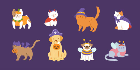 Set of cute pets in halloween costume. Halloween flat cats and dogs cartoon vector collection.