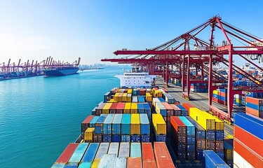 A large port with cargo ships and cranes, ready to pick up containers from the sea