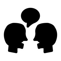 Communication and conversation solid icons in minimalist black and white style, depicting talking heads, speech bubbles, and dialogue symbols. Perfect for use in social media, messaging apps.