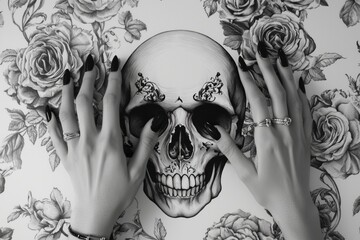 Fototapeta premium Black and white Baroque tattoo of skull and roses