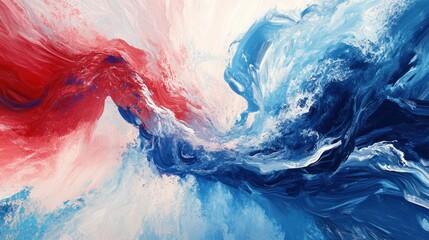 Obraz premium Abstract painting with red, blue, and white colors, swirling and blending.