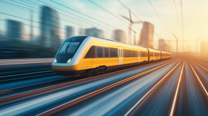 Fototapeta premium A yellow train is traveling down a track with a city in the background