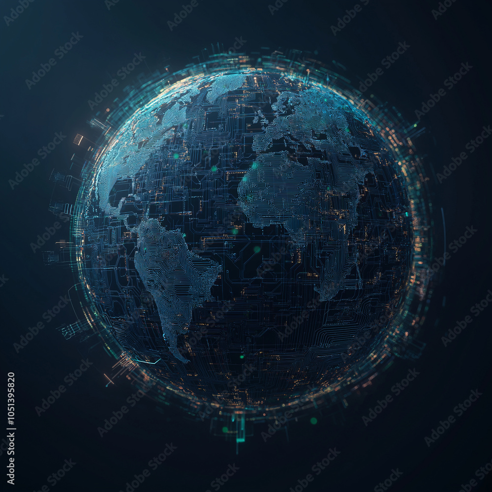 Wall mural a computer generated image of a blue planet with a green and black pattern