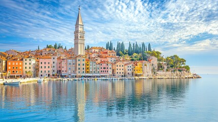 Aerial view of Rovinj with church tower