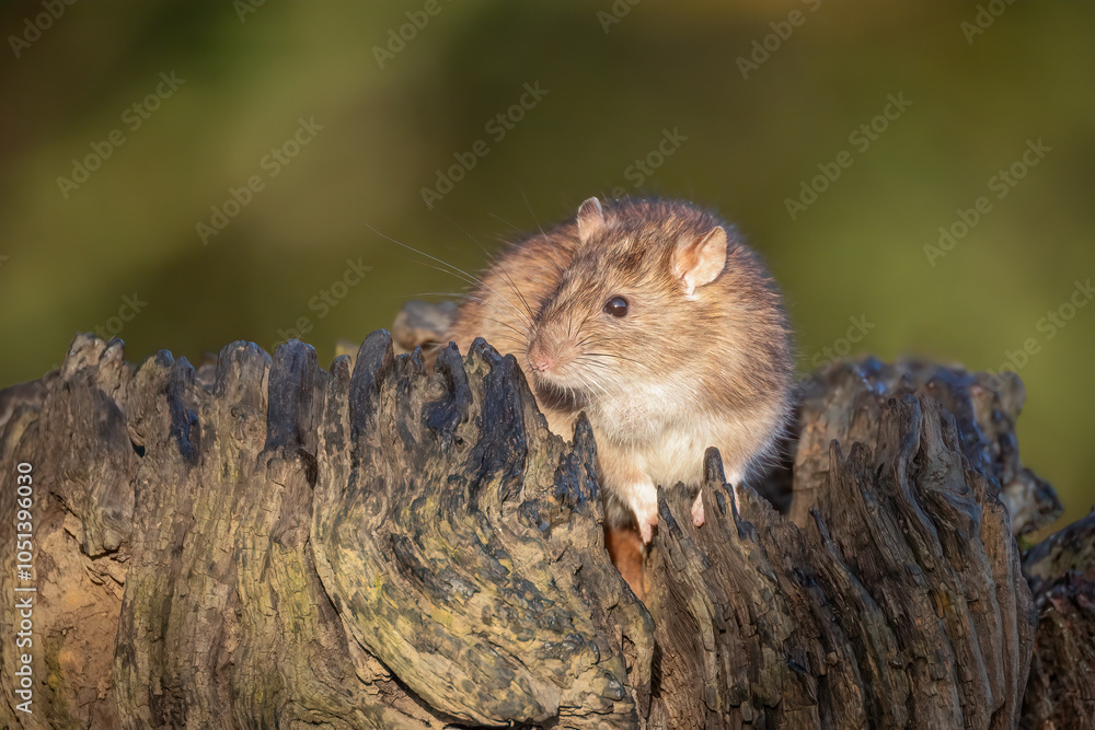 Poster A rat is captured scavenging for food. It is taken on an old tree stump with a natural out of four background
