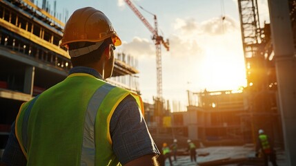 Fototapeta premium Construction worker inspecting site at sunset lighting